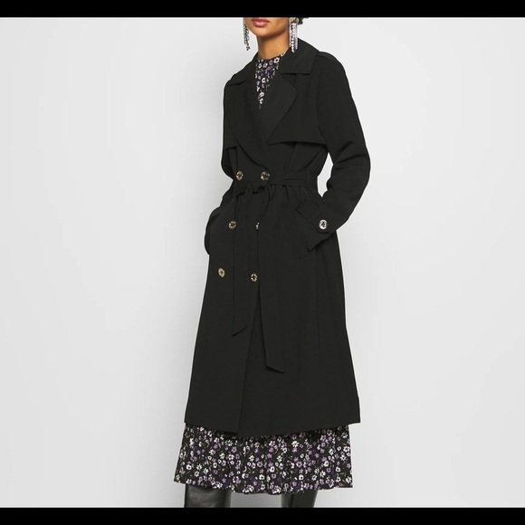 Michael Kors Logo Print Black Fabric Long Trench Coat NWT size S